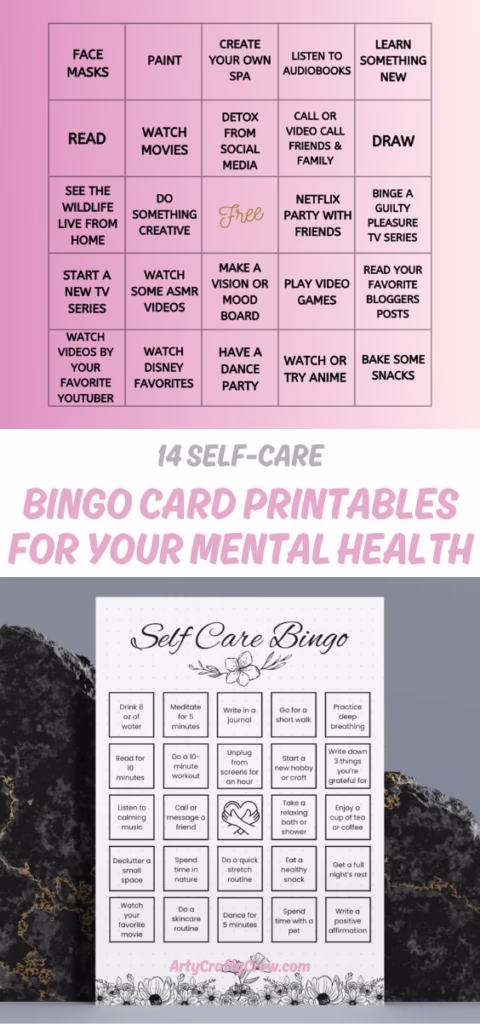 2. BLOG PIN 2 - 14 Self-Care Bingo Card Printables For Your Mental Health - Arty Crafty Crew