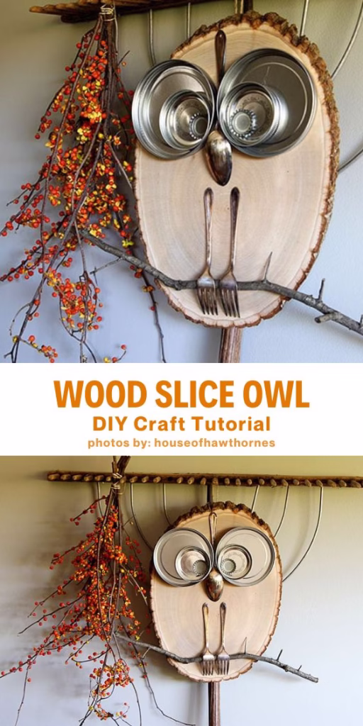DIY Wood Slice Owl - 10 DIY Front Yard Decor Ideas For Fall - Curated by Arty Crafty Crew