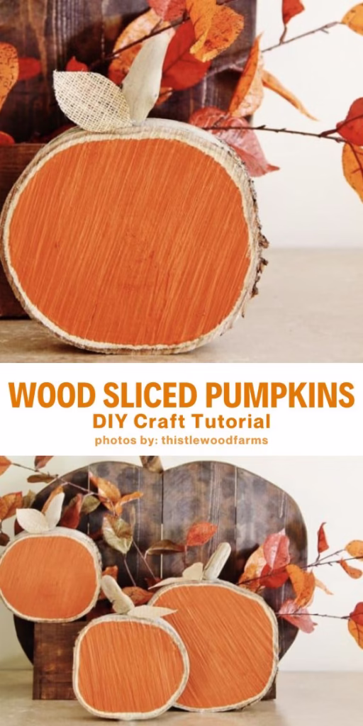 DIY Wood Slice Pumpkins - 10 DIY Front Yard Decor Ideas For Fall - Curated by Arty Crafty Crew