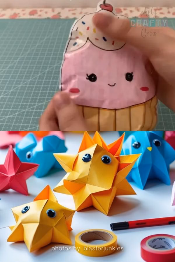 A split-screen image showing a pink cupcake paper squishy with a kawaii face at the top, and several colorful 3D origami stars with googly eyes at the bottom. These creative paper projects are featured in a tutorial roundup from https://artycraftycrew.com/.
