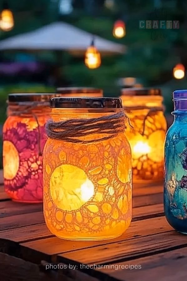 A bright and colorful glass jar repurposed as a craft supply holder, completely encased in a vibrant, striped crochet sleeve. The crochet features rows of hot pink, orange, lime green, and teal, with several colorful crochet hooks tucked inside. This image is part of a crochet roundup from https://artycraftycrew.com/.