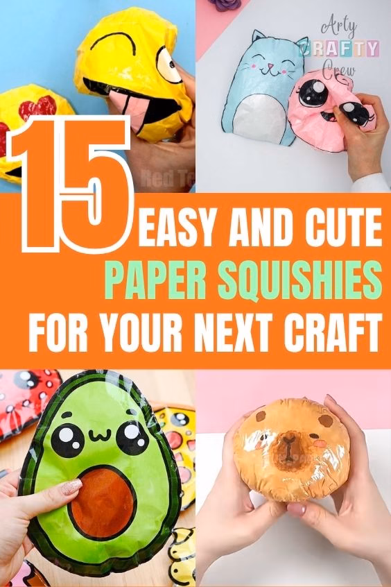 A bright orange and white craft banner that reads "15 Easy and Cute Paper Squishies for Your Next Craft." The poster includes four close-up photos of DIY paper squishies: a winking emoji, an avocado with a kawaii face, a blue cat, and a capybara, all from https://artycraftycrew.com/.