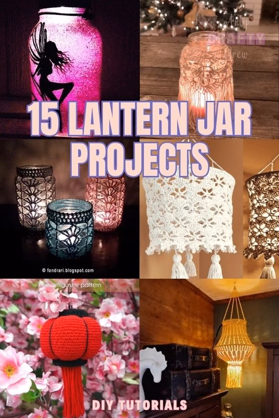 A creative blog header featuring a collage of upcycled glass jar projects. The main image shows four glass jars with various crochet covers: one used as a storage container for colorful crochet hooks, and others used as decorative outdoor lanterns hanging in a garden. A yellow text box overlay reads "UPCYCLE GLASS JARS: 15 CREATIVE PROJECTS" in bold, black lettering. This image is part of a crochet roundup from https://artycraftycrew.com/.